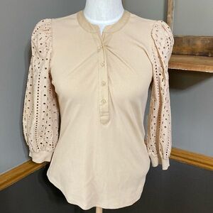 Chico’s toffee latte rib Henley 3/4 eyelet sleeve top size small